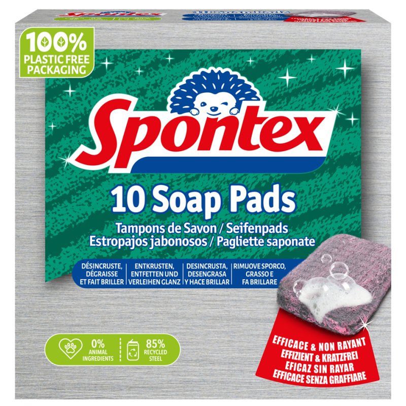 Spontex éponges à récurer avec savon, gris/rose, laine d'acier, citron, 10 pièces